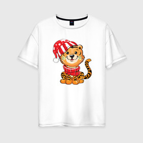 Женская футболка хлопок Oversize с принтом Тигренок в шапке и в шарфе в Тюмени, 100% хлопок | свободный крой, круглый ворот, спущенный рукав, длина до линии бедер
 | 2022 | год тигра | новый год | новый год 2022 | символ года | тигр | тигренок | тигрица | тигры