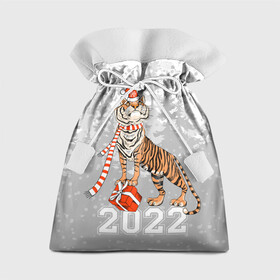 Подарочный 3D мешок с принтом Тигр с подарками в Тюмени, 100% полиэстер | Размер: 29*39 см | Тематика изображения на принте: 2022 | fir forest | gifts | happy new year | merry christmas | red hat | santa claus | tiger | year of the tiger | год тигра | еловый лес | красная шапка | новый год | подарки | рождество | санта клаус | тигр