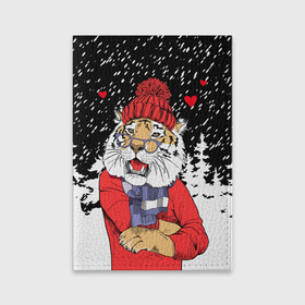 Обложка для паспорта матовая кожа с принтом Тигр в красном в Тюмени, натуральная матовая кожа | размер 19,3 х 13,7 см; прозрачные пластиковые крепления | 2022 | fir forest | happy new year | hearts | merry christmas | red hat | santa claus | scarf | snow | tiger | year of the tiger | год тигра | еловый лес | красная шапка | новый год | очки | рождество | санта клаус | сердца | снег | тигр | шарф