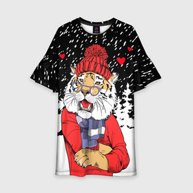 Детское платье 3D с принтом Тигр в красном в Тюмени, 100% полиэстер | прямой силуэт, чуть расширенный к низу. Круглая горловина, на рукавах — воланы | 2022 | fir forest | happy new year | hearts | merry christmas | red hat | santa claus | scarf | snow | tiger | year of the tiger | год тигра | еловый лес | красная шапка | новый год | очки | рождество | санта клаус | сердца | снег | тигр | шарф
