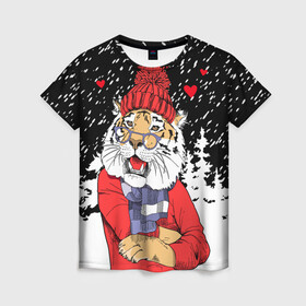 Женская футболка 3D с принтом Тигр в красном в Тюмени, 100% полиэфир ( синтетическое хлопкоподобное полотно) | прямой крой, круглый вырез горловины, длина до линии бедер | Тематика изображения на принте: 2022 | fir forest | happy new year | hearts | merry christmas | red hat | santa claus | scarf | snow | tiger | year of the tiger | год тигра | еловый лес | красная шапка | новый год | очки | рождество | санта клаус | сердца | снег | тигр | шарф