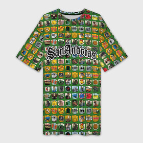 Платье-футболка 3D с принтом GTA San Andreas 2021 (ачивки паттерн) в Тюмени,  |  | auto | grand | gta | rockstar | san andreas | theft | баллас | биг смоук | гроув стрит | гта | карл джонсон | райдер | рокстар | сан андреас | сиджей