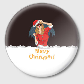 Значок с принтом Снегурка (Merry Christmas) в Тюмени,  металл | круглая форма, металлическая застежка в виде булавки | christmas | merry christmas | santa claus | дед мороз | ёлка | зима | мороз | новый год | подарок | праздник | рождество | с новым годом | санта клаус | снегурочка | снежинки