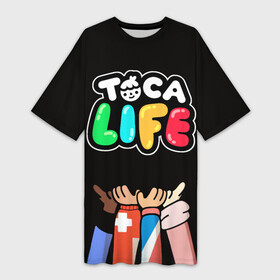 Платье-футболка 3D с принтом Toca Boca  Тока бока ДРУЖБА в Тюмени,  |  | Тематика изображения на принте: toca boca | детская игра | дружба | игра | лого | логотип | персонажи | прикоснуться ко рту | руки | тока бока