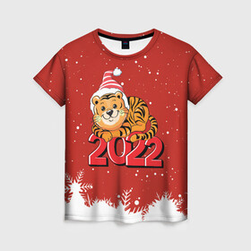 Женская футболка 3D с принтом Тигренок 2022 год  цифрами в Тюмени, 100% полиэфир ( синтетическое хлопкоподобное полотно) | прямой крой, круглый вырез горловины, длина до линии бедер | 2022 | год тигра | новый год | новый год 2022 | символ года | тигр | тигренок | тигрица | тигры