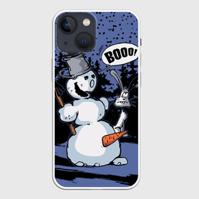 Чехол для iPhone 13 mini с принтом Снеговик на Хэллоуин в Тюмени,  |  | Тематика изображения на принте: broom | bucket | carrot | fir forest | frightened hare | halloween | new year | night | scary | snow | snowman | ведро | еловый лес | испуганный заяц | метла | морковка | новый год | ночь | снег | снеговик | страшный | хэллоуин