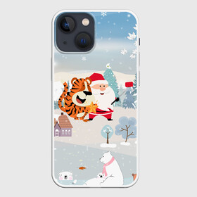 Чехол для iPhone 13 mini с принтом Санта и тигр делают сэлфи в Тюмени,  |  | 2022 | год тигра | новый год | новый год 2022 | символ года | тигр | тигренок | тигрица | тигры