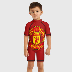 Детский купальный костюм 3D с принтом Manchester United F.C. в Тюмени, Полиэстер 85%, Спандекс 15% | застежка на молнии на спине | manchester | manchester united | mu | клубы | футбол