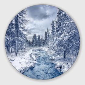 Круглый коврик для мышки с принтом СНЕЖНЫЙ ПЕЙЗАЖ в Тюмени, резина и полиэстер | круглая форма, изображение наносится на всю лицевую часть | fores | ice | snow | white | winter | белый | вода | зима | иней | красота | лед | лес | мороз | небо | новый год | пейзаж | природа | река | ручей | снег