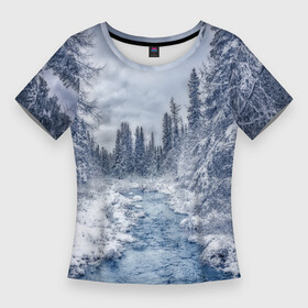 Женская футболка 3D Slim с принтом СНЕЖНЫЙ ПЕЙЗАЖ в Тюмени,  |  | fores | ice | snow | white | winter | белый | вода | зима | иней | красота | лед | лес | мороз | небо | новый год | пейзаж | природа | река | ручей | снег