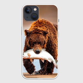 Чехол для iPhone 13 с принтом Медведь с рыбой во рту в Тюмени,  |  | bear | дикие | животные | звери | лес | медведь | мишка | природа | русская рыбалка | рыба