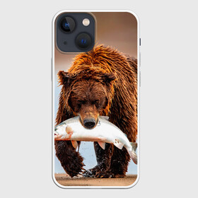 Чехол для iPhone 13 mini с принтом Медведь с рыбой во рту в Тюмени,  |  | bear | дикие | животные | звери | лес | медведь | мишка | природа | русская рыбалка | рыба