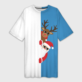 Платье-футболка 3D с принтом Крутые Санта и Олень в Тюмени,  |  | christmas | merry christmas | santa claus | в очках | дед мороз | ёлка | новогодние олени | новый год | оленёнок бэмби | оленёнок рудольф | с новым годом | сантаклаус | свитер с оленями | северный олень | снегурочка