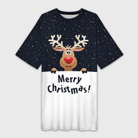 Платье-футболка 3D с принтом Новогодний Оленёнок Рудольф в Тюмени,  |  | christmas | merry christmas | santa claus | дед мороз | ёлка | новогодние олени | новый год | оленёнок бэмби | оленёнок рудольф | с новым годом | сантаклаус | свитер с оленями | северный олень | снегурочка | снежинки