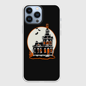 Чехол для iPhone 13 Pro Max с принтом Gloomy Castle в Тюмени,  |  | Тематика изображения на принте: bat | castle | cat | dark | gloomy | halloween | jack | lamp | moon | night | pumpkin | skeleton | spider | sunset | tailcoat | web | джек | джека | замок | кот | летучая | луна | мрачный | мышь | ночь | паук | паутина | свет | светильник |