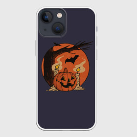 Чехол для iPhone 13 mini с принтом Night of Fear. Mystic Sunset в Тюмени,  |  | bat | branch | candle | candles | evening | flame | halloween | jack | lamp | mystic | night | pumpkin | smoke | sunset | tree | wax | ветка | вечер | воск | дерево | джека | дым | закат | летучая | мистика | мышь | ночь | пламя | светильни