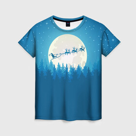 Женская футболка 3D с принтом Санта с Оленями в Тюмени, 100% полиэфир ( синтетическое хлопкоподобное полотно) | прямой крой, круглый вырез горловины, длина до линии бедер | christmas | merry christmas | santa claus | дед мороз | ёлка | зима | луна | мороз | новогодние олени | новый год | оленёнок рудольф | подарок | праздник | рождество | с новым годом | сани | санта клаус | свитер с оленями
