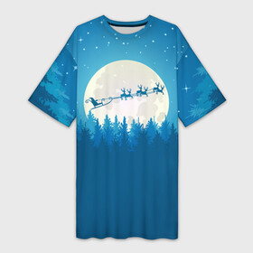 Платье-футболка 3D с принтом Санта с Оленями в Тюмени,  |  | christmas | merry christmas | santa claus | дед мороз | ёлка | зима | луна | мороз | новогодние олени | новый год | оленёнок рудольф | подарок | праздник | рождество | с новым годом | сани | санта клаус | свитер с оленями