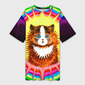 Платье-футболка 3D с принтом Psychedelic Rainbow Cat в Тюмени,  |  | benedict cumberbatch | louis wain | louis wains cats | psychedelic rainbow cat | the electrical life | антропоморфный | бенедикт камбербэтч | известный художник | кошачьи миры луиса уэйна | луис вэйн | луис уэйн | радуга | радужный кот