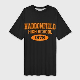 Платье-футболка 3D с принтом Haddonfield High School 1978 в Тюмени,  |  | Тематика изображения на принте: face | haddonfield | halloween | high | killer | leather | maniac | michael | myers | mystic | school | uniform | кожаное | лицо | майерс | майкл | мистика | старшая | униформа | форма | хаддонифилд | хэллоуин | ш