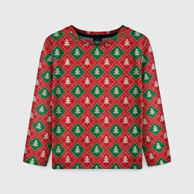 Детский лонгслив 3D с принтом Ёлочки (красно зелёные) в Тюмени, 100% полиэстер | длинные рукава, круглый вырез горловины, полуприлегающий силуэт
 | merry christmas | бабушкин свитер | дед мороз | ёлка | елочные шары | новогодний подарок | новый год | подарок | природа | рождество | свитер | свитер с ёлками | снежинки