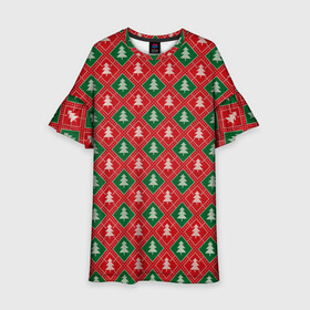 Детское платье 3D с принтом Ёлочки (красно зелёные) в Тюмени, 100% полиэстер | прямой силуэт, чуть расширенный к низу. Круглая горловина, на рукавах — воланы | Тематика изображения на принте: merry christmas | бабушкин свитер | дед мороз | ёлка | елочные шары | новогодний подарок | новый год | подарок | природа | рождество | свитер | свитер с ёлками | снежинки