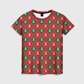 Женская футболка 3D с принтом Ёлочки (красно зелёные) в Тюмени, 100% полиэфир ( синтетическое хлопкоподобное полотно) | прямой крой, круглый вырез горловины, длина до линии бедер | merry christmas | бабушкин свитер | дед мороз | ёлка | елочные шары | новогодний подарок | новый год | подарок | природа | рождество | свитер | свитер с ёлками | снежинки