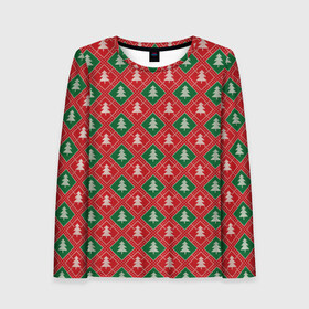 Женский лонгслив 3D с принтом Ёлочки (красно зелёные) в Тюмени, 100% полиэстер | длинные рукава, круглый вырез горловины, полуприлегающий силуэт | merry christmas | бабушкин свитер | дед мороз | ёлка | елочные шары | новогодний подарок | новый год | подарок | природа | рождество | свитер | свитер с ёлками | снежинки