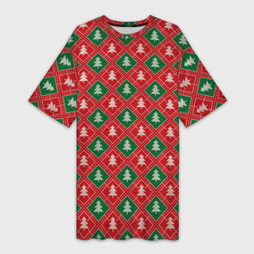 Платье-футболка 3D с принтом Ёлочки (красно зелёные) в Тюмени,  |  | merry christmas | бабушкин свитер | дед мороз | ёлка | елочные шары | новогодний подарок | новый год | подарок | природа | рождество | свитер | свитер с ёлками | снежинки