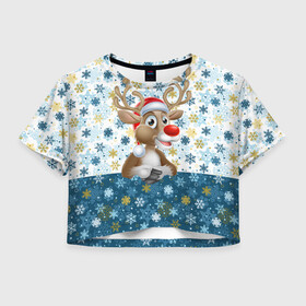 Женская футболка Crop-top 3D с принтом Весёлый Оленёнок в Тюмени, 100% полиэстер | круглая горловина, длина футболки до линии талии, рукава с отворотами | christmas | santa claus | дед мороз | ёлка | зима | игрушки | лось | мороз | новогодние олени | новый год | оленёнок бэмби | оленёнок рудольф | олень | подарок | праздник | рождество | с новым годом | сантаклаус