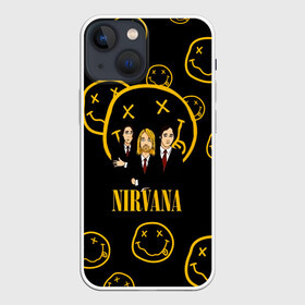 Чехол для iPhone 13 mini с принтом Арт на группу Nirvana в Тюмени,  |  | Тематика изображения на принте: kurt cobain | nevermino | nirvana | альтернативный | гранж | грол | дональд | курт кобейн | музыка | надпись | нервана | нирвана | новоселич | певец | рок группа | смайл | смайлик | солист