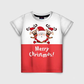 Детская футболка 3D с принтом Санта с 2 Оленями в Тюмени, 100% гипоаллергенный полиэфир | прямой крой, круглый вырез горловины, длина до линии бедер, чуть спущенное плечо, ткань немного тянется | Тематика изображения на принте: christmas | merry christmas | santa claus | дед мороз | ёлка | зима | мороз | новогодние олени | новый год | оленёнок бэмби | оленёнок рудольф | подарок | праздник | рождество | с новым годом | санта клаус