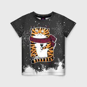 Детская футболка 3D с принтом Тигр с бокалом вина в Тюмени, 100% гипоаллергенный полиэфир | прямой крой, круглый вырез горловины, длина до линии бедер, чуть спущенное плечо, ткань немного тянется | 2022 | год тигра | новый год | новый год 2022 | символ года | тигр | тигренок | тигрица | тигры