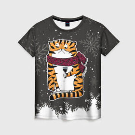 Женская футболка 3D с принтом Тигр с бокалом вина в Тюмени, 100% полиэфир ( синтетическое хлопкоподобное полотно) | прямой крой, круглый вырез горловины, длина до линии бедер | 2022 | год тигра | новый год | новый год 2022 | символ года | тигр | тигренок | тигрица | тигры