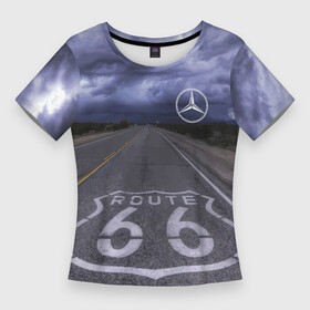 Женская футболка 3D Slim с принтом Мерседес, трасса 66 в Тюмени,  |  | mercedes | nature | road | route | sky | speed | дорога | мерседес | небо | природа | скорость | трасса 66 | шоссе