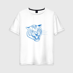 Женская футболка хлопок Oversize с принтом Контур головы синего тигра, арт лайн. в Тюмени, 100% хлопок | свободный крой, круглый ворот, спущенный рукав, длина до линии бедер
 | Тематика изображения на принте: blue | head | holiday | mascot | new year | symbol | tiger | year of the tiger | арт лайн | год тигра | кошка | новогодний | новый год | праздник | символ | талисман