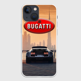 Чехол для iPhone 13 mini с принтом Bugatti на фоне Дубая ОАЭ с логотипом в Тюмени,  |  | bugatti chiron | bugatti veyron | бугатти | гиперкары | дубай | закат | оаэ | спортивные машины | спорткары