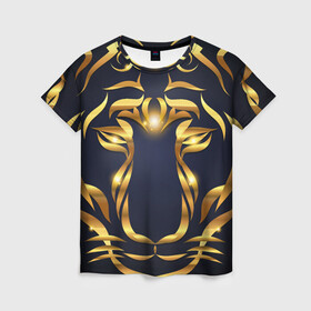 Женская футболка 3D с принтом Золотой символ года Тигр в Тюмени, 100% полиэфир ( синтетическое хлопкоподобное полотно) | прямой крой, круглый вырез горловины, длина до линии бедер | в чем встречать новый год | золотой узор | идея подарка на новый год | подарок на новый год | символ нового года | тигр золотой | тигр символ года 2022 | узоры из золота