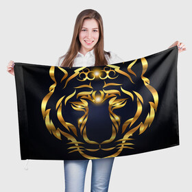 Флаг 3D с принтом Золотой символ года Тигр в Тюмени, 100% полиэстер | плотность ткани — 95 г/м2, размер — 67 х 109 см. Принт наносится с одной стороны | в чем встречать новый год | золотой узор | идея подарка на новый год | подарок на новый год | символ нового года | тигр золотой | тигр символ года 2022 | узоры из золота