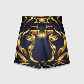 Детские спортивные шорты 3D с принтом Золотой символ года Тигр в Тюмени,  100% полиэстер
 | пояс оформлен широкой мягкой резинкой, ткань тянется
 | в чем встречать новый год | золотой узор | идея подарка на новый год | подарок на новый год | символ нового года | тигр золотой | тигр символ года 2022 | узоры из золота