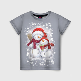 Детская футболка 3D с принтом Два снеговика в Тюмени, 100% гипоаллергенный полиэфир | прямой крой, круглый вырез горловины, длина до линии бедер, чуть спущенное плечо, ткань немного тянется | 2022 | год тигра | новогодний подарок | новый год | подарок на новый год | снег | снеговик | снеговики