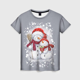 Женская футболка 3D с принтом Два снеговика в Тюмени, 100% полиэфир ( синтетическое хлопкоподобное полотно) | прямой крой, круглый вырез горловины, длина до линии бедер | Тематика изображения на принте: 2022 | год тигра | новогодний подарок | новый год | подарок на новый год | снег | снеговик | снеговики