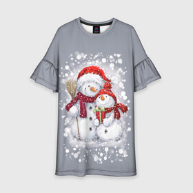 Детское платье 3D с принтом Два снеговика в Тюмени, 100% полиэстер | прямой силуэт, чуть расширенный к низу. Круглая горловина, на рукавах — воланы | 2022 | год тигра | новогодний подарок | новый год | подарок на новый год | снег | снеговик | снеговики