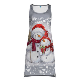 Платье-майка 3D с принтом Два снеговика в Тюмени, 100% полиэстер | полуприлегающий силуэт, широкие бретели, круглый вырез горловины, удлиненный подол сзади. | 2022 | год тигра | новогодний подарок | новый год | подарок на новый год | снег | снеговик | снеговики
