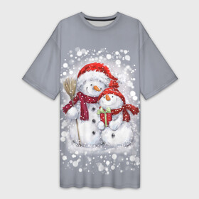 Платье-футболка 3D с принтом Два снеговика в Тюмени,  |  | 2022 | год тигра | новогодний подарок | новый год | подарок на новый год | снег | снеговик | снеговики