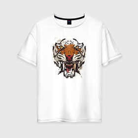 Женская футболка хлопок Oversize с принтом Angry Tiger watercolor в Тюмени, 100% хлопок | свободный крой, круглый ворот, спущенный рукав, длина до линии бедер
 | 2022 | 2022 год | happy new year | santa | год тигра | дед мороз | каникулы | мороз | новогодний свитер | новый год | новый год 2022 | новый год тигра | оливье | праздник | рождество | санта клаус | свитер новогодний