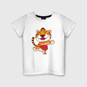 Детская футболка хлопок с принтом Танцующий тигр в Тюмени, 100% хлопок | круглый вырез горловины, полуприлегающий силуэт, длина до линии бедер | Тематика изображения на принте: 2022 | год тигра | новый год | новый год 2022 | символ года | тигр | тигренок | тигрица | тигры