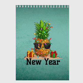 Скетчбук с принтом Праздничный ананас в Тюмени, 100% бумага
 | 48 листов, плотность листов — 100 г/м2, плотность картонной обложки — 250 г/м2. Листы скреплены сверху удобной пружинной спиралью | Тематика изображения на принте: 2022 | ананас | арт | гирлянды | графика | новый год | фрукт