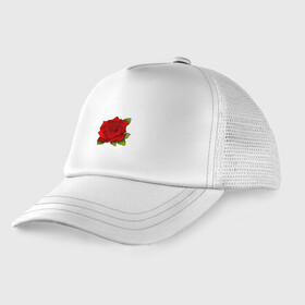 Детская кепка тракер с принтом Красная роза Рисунок в Тюмени, Козырек - 100% хлопок. Кепка - 100% полиэстер, Задняя часть - сетка | универсальный размер, пластиковая застёжка | красная | красный | растение | растения | рисунки | рисунок | роза | розы | цветок | цветы
