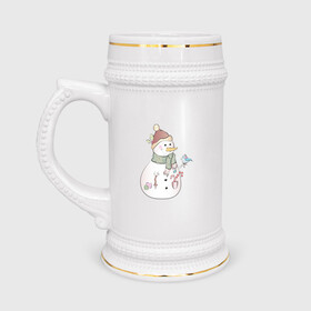 Кружка пивная с принтом Снеговик с птичкой в Тюмени,  керамика (Материал выдерживает высокую температуру, стоит избегать резкого перепада температур) |  объем 630 мл | Тематика изображения на принте: новый год | птичка | рождество | снег | снеговик